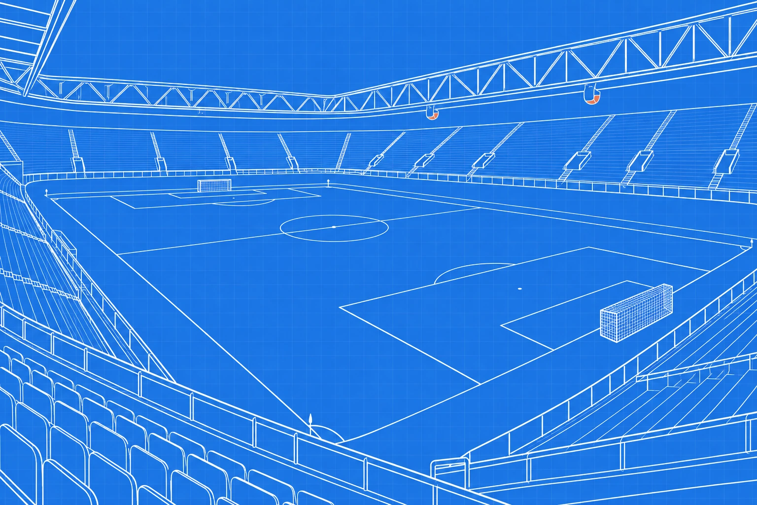 Stylised stadium illustration viewed from the stands, showing the football pitch, seating and roof beams on a blue grid.