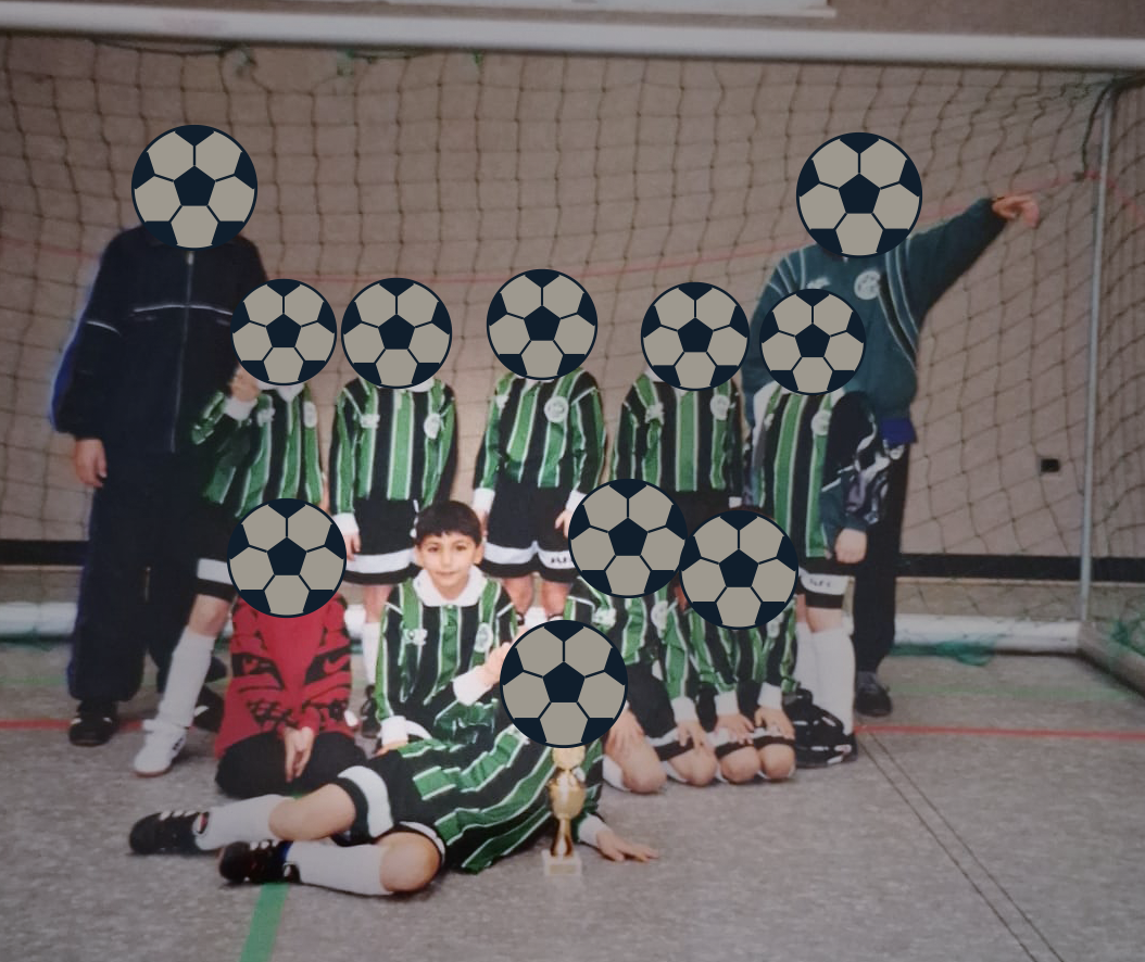 Mo as a child in front of his youth football team; footballs cover the faces of the other people.
